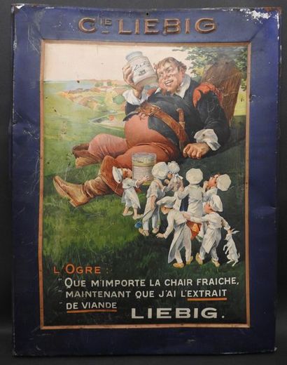 null Tôle lithographiée Liebig , "L’ogre et les marmitons"
Etat moyen (rayures, rouille,...
