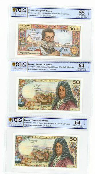 null Ensemble de 6 billets de 50 Francs gradés PCGS comprenant Henri IV, Racine (x2),...
