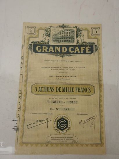 null Grand Café (le), titre de 5 actions de 1000 Francs, Bordeaux 1928, établissement...