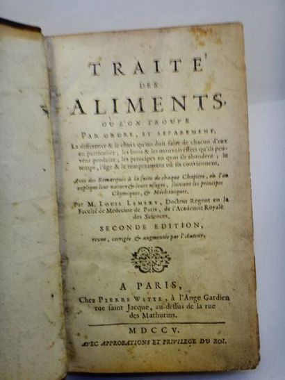 null LEMERY, Louis. Traité des Alimens.

Paris, Pierre Witte, 1705. In-12, basane...