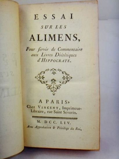 null LORRY, Anne-Charles. Essai sur les Alimens. 

Paris, Vincent, 1754. In-12, pleine...