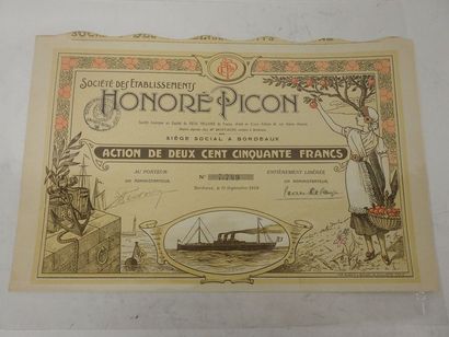 null PICON. Société des établissements Honoré Picon, action de 250 Francs, Bordeaux...