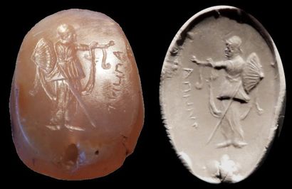 null Cachet représentant Pallas Athéna debout à droite tenant un bouclier et une...