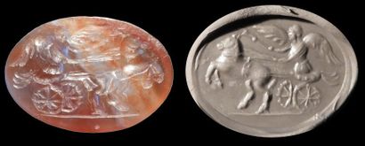 null Intaille représentant une Victoire dans un bige. Agate rubanée. Art romain.
I-IIès.
L:...