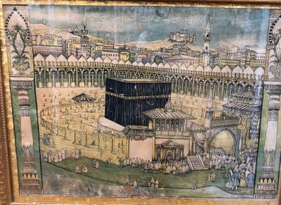 null Souvenir de pèlerinage à la Mecque. Rare belle image polychrome détaillant les...