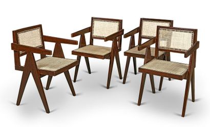 Pierre Jeanneret (1896-1967) Ensemble de quatre fauteuils dit «Cane and teak wood... Gazette Drouot