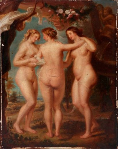 Ecole Flamande du XIX° siècle, dans le goût de Pierre Paul Rubens Les trois Grâces
Toile...