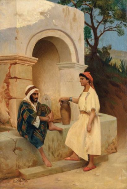 Paul LAZERGES (1845-1902) Conversation à la fontaine, 1882
Huile sur toile signée...