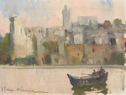 José CRUZ HERRERA (1890-1972) En barque sur le Bou Regreb Huile sur carton signé...