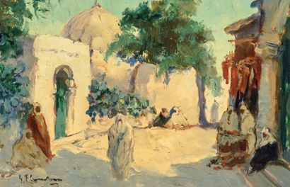 Gustave FLASSCHOEN (1868-1940) Rue animée à Rabat Huile sur panneau signé en bas...