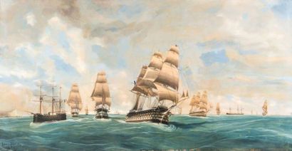 Chéri-François Dubreuil (1828-1880) Navires au détroit de Gibraltar Huile sur toile...