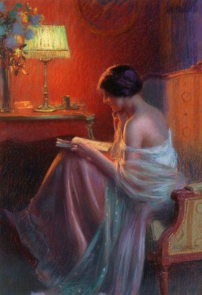 Delphin ENJOLRAS (1857-1945) La lecture de la lettre
Pastel sur papier marouflé sur...