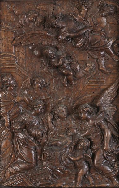 null Belle Nativité en bois fruitier sculpté
Italie, XVIII° siècle
H 28, L 42 cm