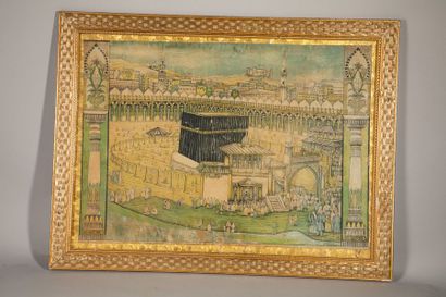 null Titre de pèlerinage à la Mecque.Rare belle image polychrome détaillant les rites...