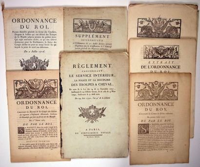 null ARMÉES ROYALES. CAVALIERS, DRAGONS & SOLDATS. 7 Imprimés in-folio. (1749 /1792):...