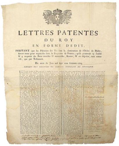 null 1765. ROUSSILLON. ORDRE DE MALTE. «Lettres patentes du Roi en forme d'Edit portant...