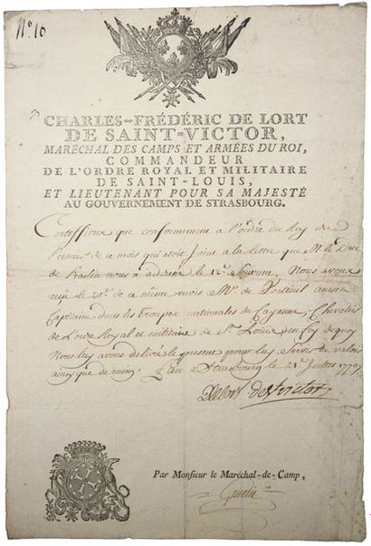 null STRASBOURG (BAS-RHIN) le 21 Juillet 1770. Pièce signée «Charles Frédéric DE...