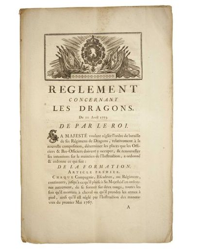 null CAVALERIE ET DRAGONS. 2 RÈGLEMENTS imprimés in-folio - «RÈGLEMENT concernant...