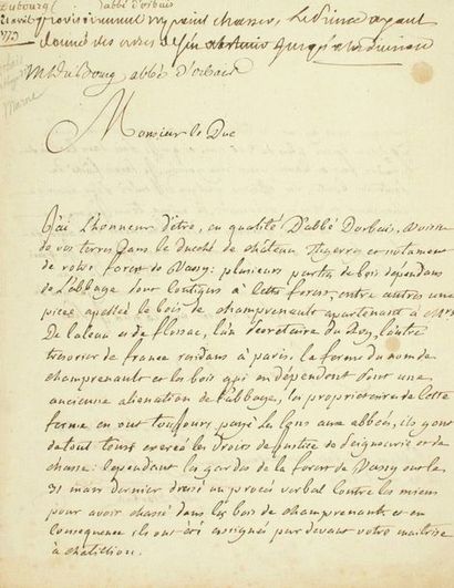 null (MARNE). ABBAYE D'ORBAIS. 1779. Lettre autographe signée DUBOURG Abbé d'ORBAIS...