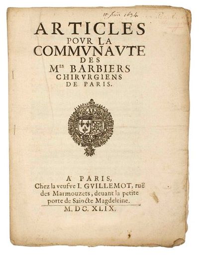 null BARBIERS CHIRURGIENS de PARIS. 1634. "ARTICLES pour la Communauté des Maîtres...