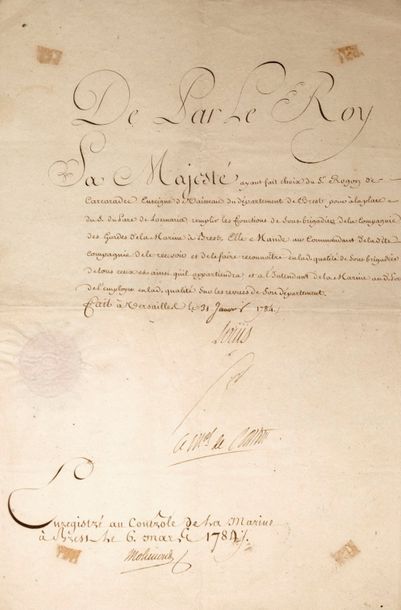 null MARINE. FINISTÈRE. 1784. Pièce signée du Roi LOUIS XVI (Secrétaire), contresignée...