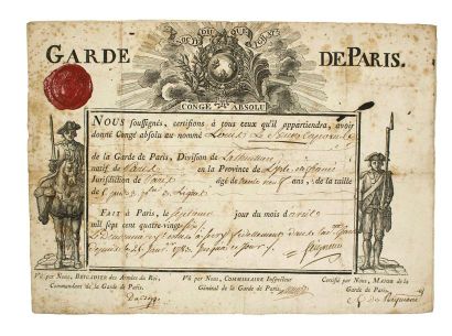 null «GARDE DE PARIS.» de LOUIS XVI - Congé absolu au nommé Louis LE BRUN Caporal...
