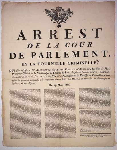 null SARTHE (72). 1786. «Arrest de la Cour de PARLEMENT (de PARIS), en la Tournelle...