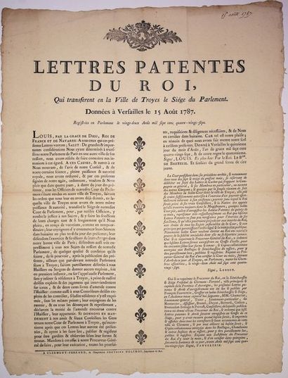 null 1787. TROYES (10). «Lettres Patentes du Roi, qui transfèrent en la Ville de...