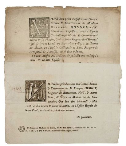 null PARIS
2 MÉMORAS (1783, 1788):
Placard mortuaire (39 x 55) de «M. François HERIOT,...