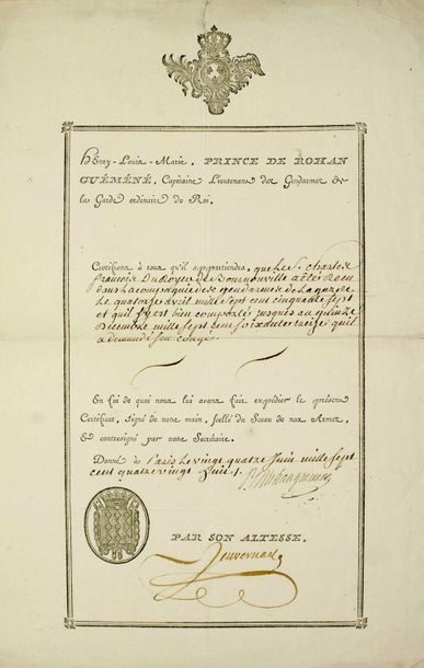 null GENDARMES DE LA GARDE DU ROI LOUIS XVI. Pièce Signée Henri-Louis-Marie PRINCE...