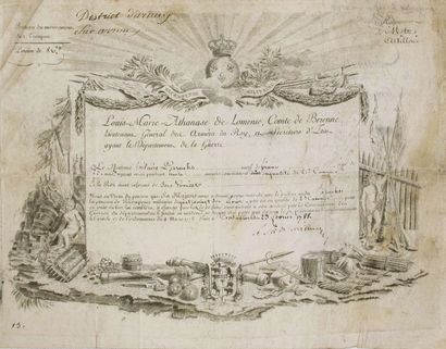 null BREVET DE RÉCOMPENSE MILITAIRE. 1788 - «RÉGIMENT DE METZ ARTILLERIE. District...