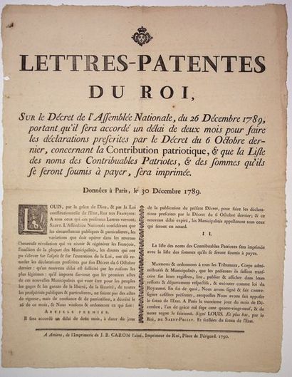 null SOMME. CONTRIBUTION PATRIOTIQUE de 1789: «Lettres Patentes du Roi (LOUIS XVI),...