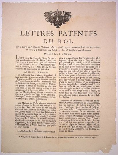 null 1790. BOUCHES-DU-RHÔNE. MAÎTRES DE POSTE. «Lettres patentes du Roi, sur le décret...
