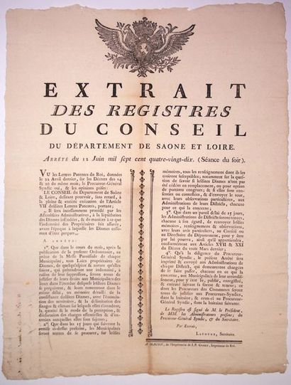 null 1790. SAÔNE-ET-LOIRE - Arrêté du Conseil du Département de Saône et Loire du...