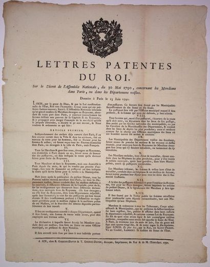 null 1790. MENDIANTS. PARIS. BOUCHES-DU-RHÔNE. Lettres patentes du 13 juin 1790 concernant...