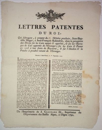 null 1790. CUIRS & PEAUX. "Lettres patentes du Roi, qui subrogent, à compter du 1er...
