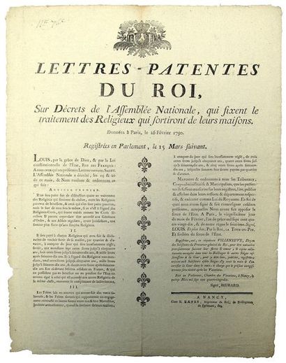 null 1790. TRAITEMENT DES RELIGIEUX. Lettres patentes du Roi, sur Décrets de l'Assemblée...