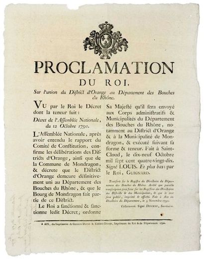 null 1790. DISTRICT D'ORANGE (84). "Proclamation du Roi, sur l'Union du District...