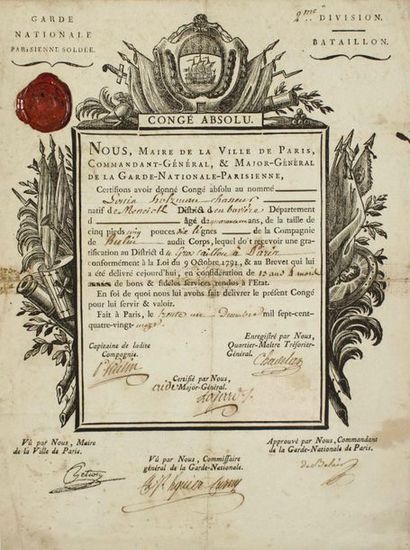 null «GARDE NATIONALE PARISIENNE SOLDÉE.» 1791.
Congé absolu pour Louis HOLZMAN Chasseur...