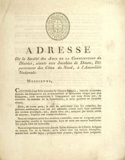 null CÔTE-D'ARMOR. JACOBINS DE DINAN. 1791. «Adresse de la SOCIÉTÉ DES AMIS DE LA...