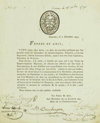 null PYRÉNÉES ATLANTIQUES. 1791. - Lettre imprimée avec Signatures autographes des...
