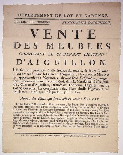 null LOT-ET-GARONNE. 1793. CHÂTEAU D'AIGUILLON.
«VENTE DES MEUBLES garnissant le...