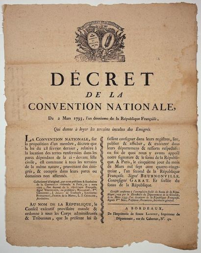 null 1793. GIRONDE. ÉMIGRATION DES NOBLES. GARAT - «Décret de la Convention Nationale,...