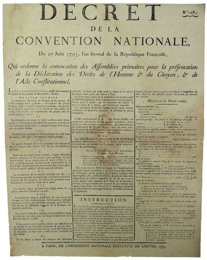null 1793. PARIS. DROITS DE L'HOMME ET DU CITOYEN. «Décret de la Convention Nationale...
