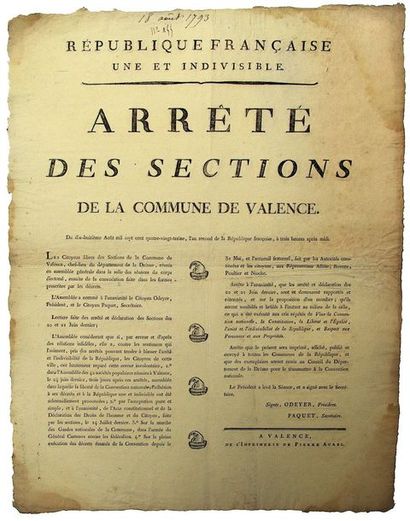 null 1793. DRÔME. «Arrêté des Sections de VALENCE», du 18 août 1793 - 1°) Déclaration...