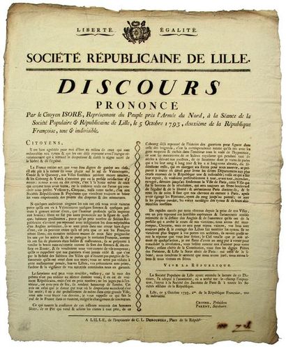 null 1793. NORD. «SOCIÉTÉ RÉPUBLICAINE DE LILLE (59)». «Discours prononcé par le...