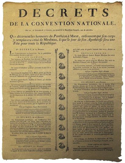 null AN 2. MARAT AU PANTHÉON, MIRABEAU A LA VOIRIE. «Décrets de la Convention Nationale,...