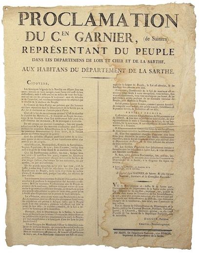 null AN 2. LOIR ET CHER & SARTHE. «Proclamation du Citoyen GARNIER (De Saintes) Représentant...