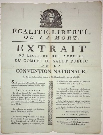 null HAUTE-LOIRE. 1794. COMITÉ DE SALUT PUBLIC. Extrait des Arrêtés du Comité de...