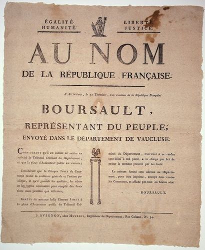 null AN 3. VAUCLUSE. L'ACCUSATEUR PUBLIC. «Au nom de la République Française.» Arrêté...